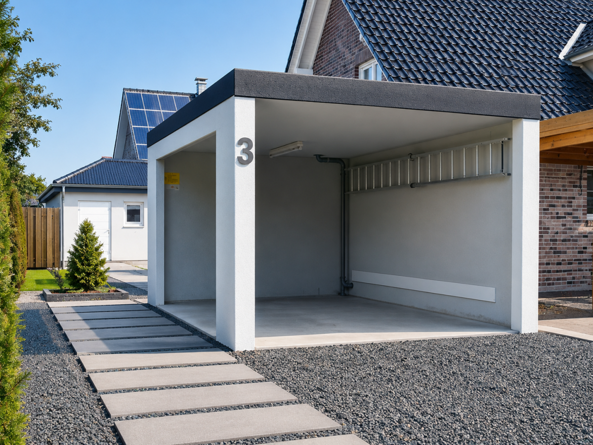 Carport mit nummeriertem Säulenportal vor einem modernen Haus mit Solaranlage und gepflegtem Garten.
