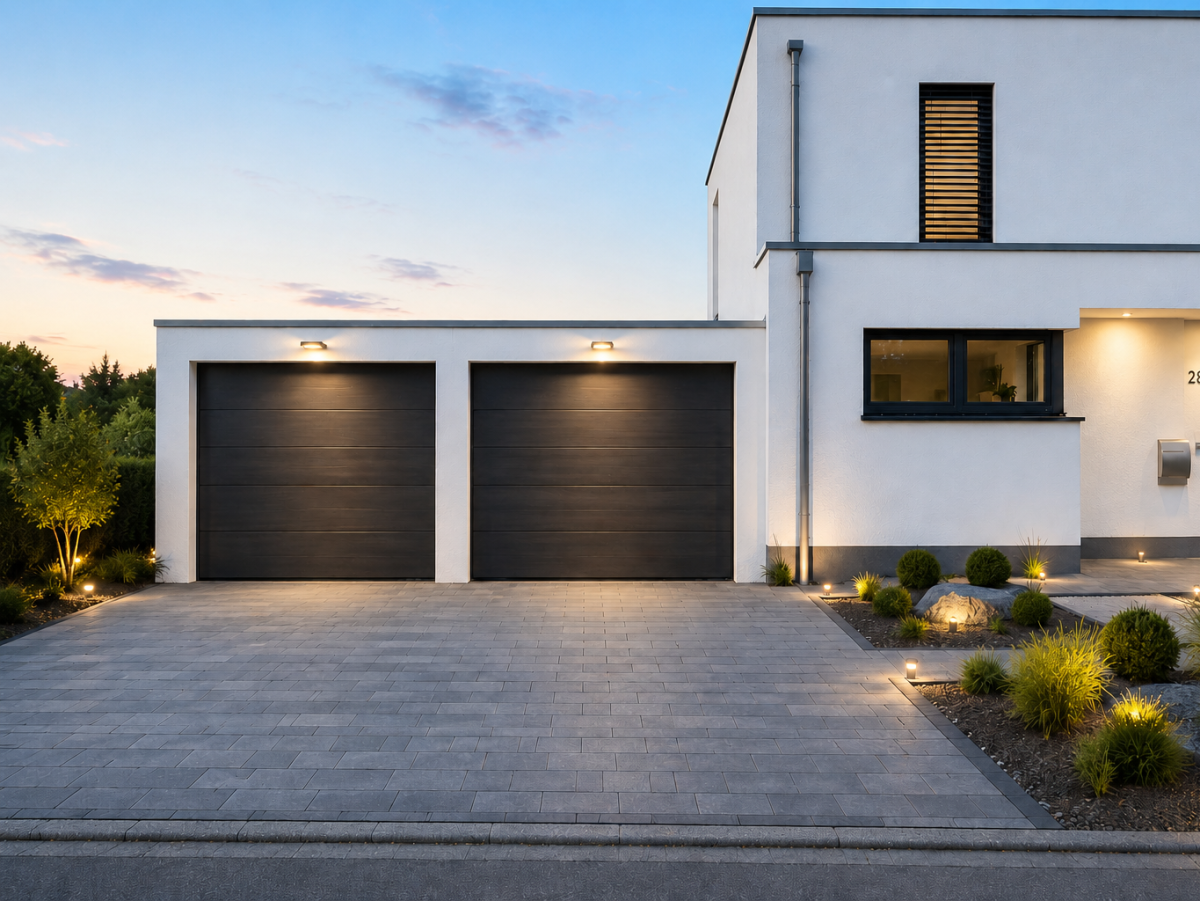 Modernes Einfamilienhaus mit Doppelgarage und gepflastertem Einfahrtsweg. Abenddämmerung, Beleuchtung.